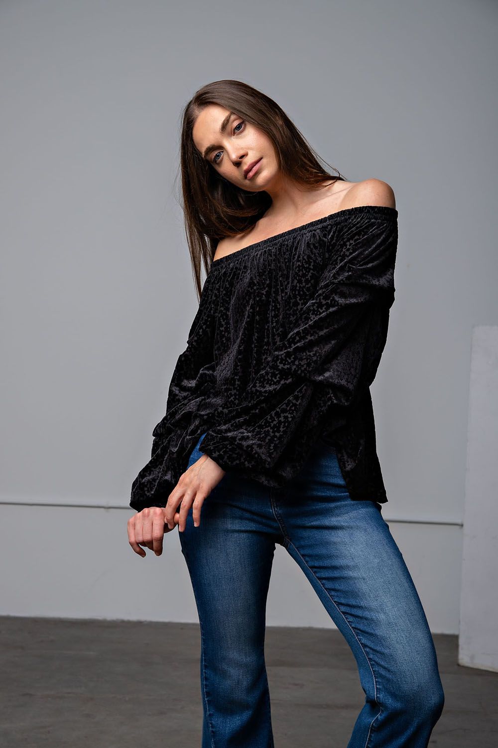 Easel Burnout Velvet Off Shoulder Elasticized Neck Slouchy Fit Top - Roulhac Fashion Boutique