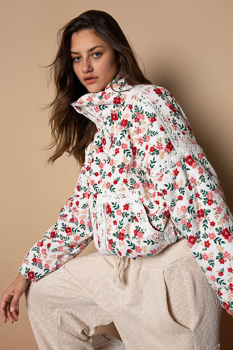 POL High Neck Floral Front Pocket Overfit Quilting Jacket - Roulhac Fashion Boutique