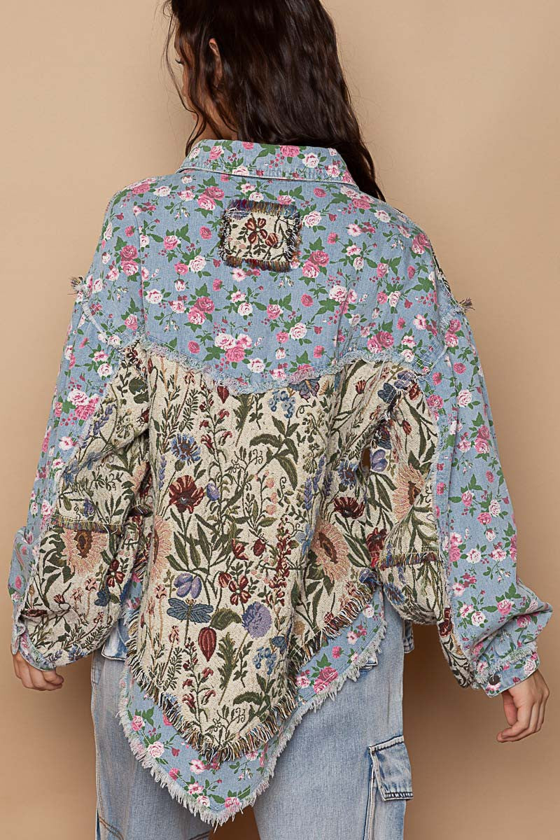 POL Oversized Fit Floral Print Hi-Lo Oversized Fit Denim Jacket