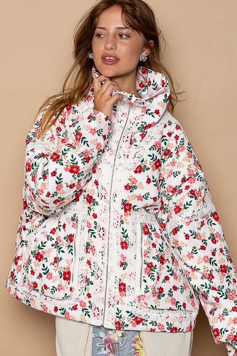 POL High Neck Floral Front Pocket Overfit Quilting Jacket - Roulhac Fashion Boutique