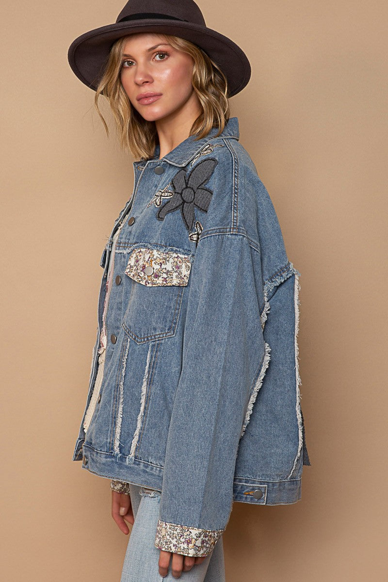 POL Lace Floral Patch Work Button Down Collared Denim Jacket