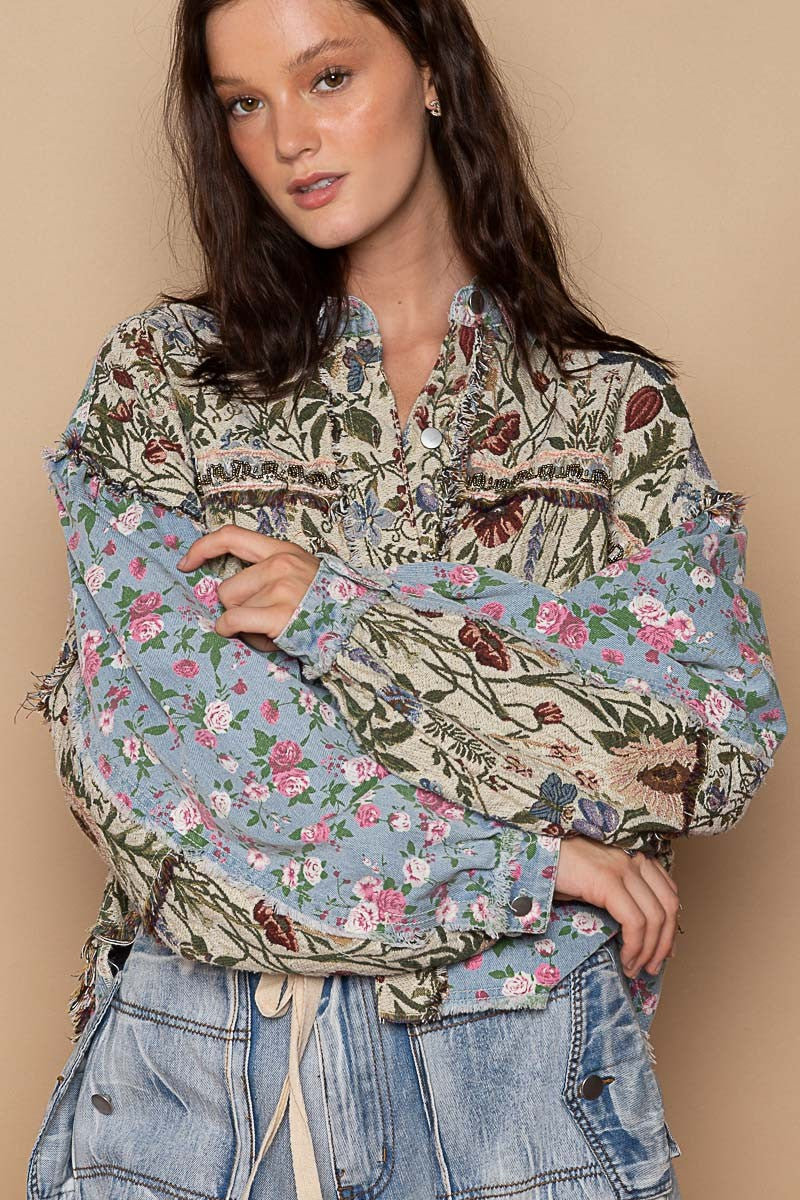 POL Oversized Fit Floral Print Hi-Lo Oversized Fit Denim Jacket