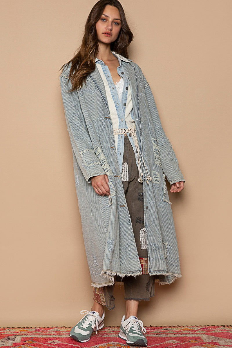 POL Long Sleeve Embroidery Stripe Denim Oversized Fit Long Jacket - Roulhac Fashion Boutique