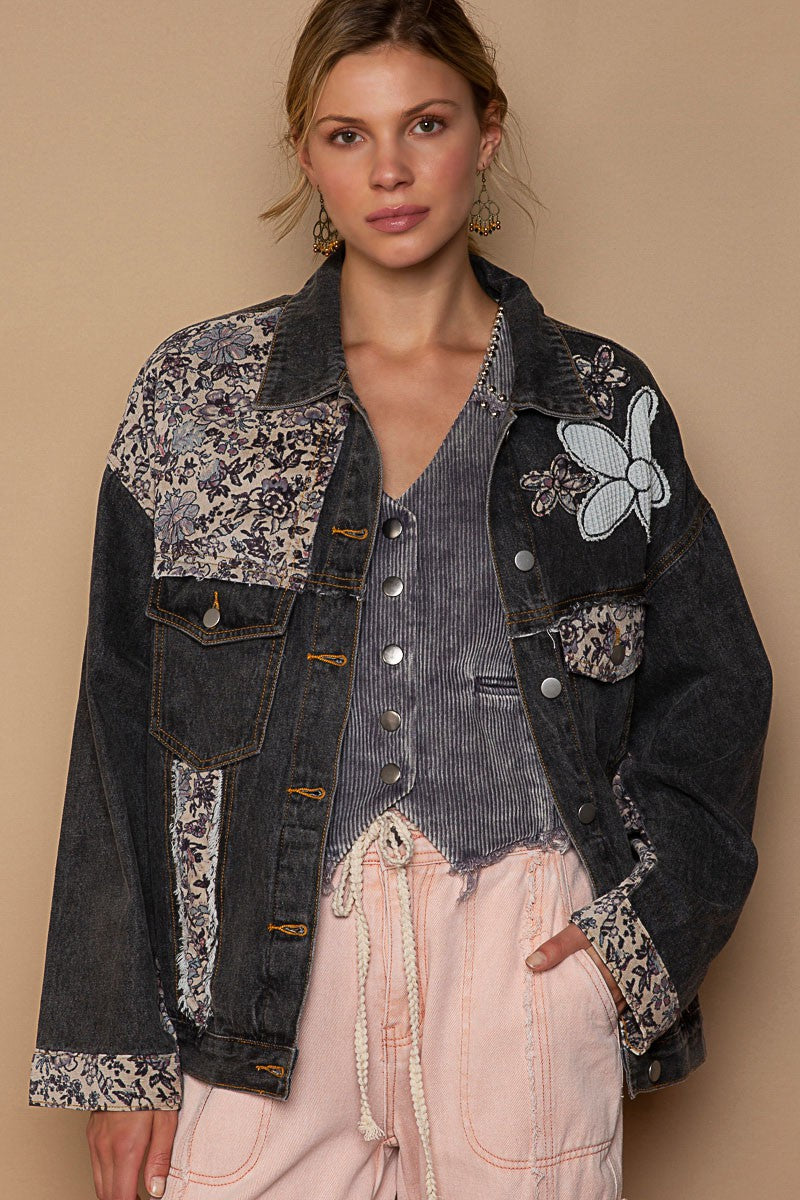 POL Lace Floral Patch Work Button Down Collared Denim Jacket