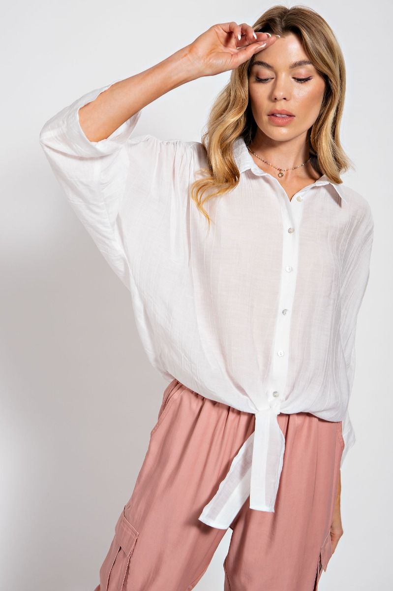 Easel Crinkled Collared Neck 3/4 Wide Sleeves Ruched Button Down Shirt