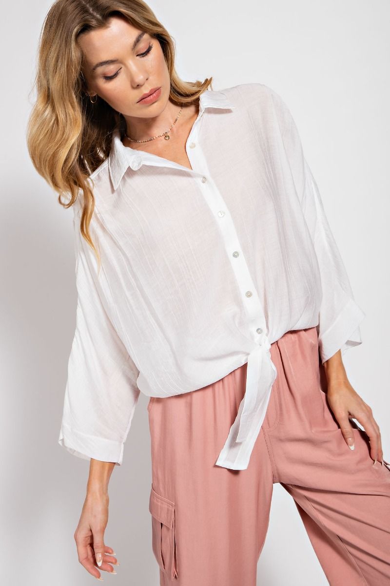 Easel Crinkled Collared Neck 3/4 Wide Sleeves Ruched Button Down Shirt