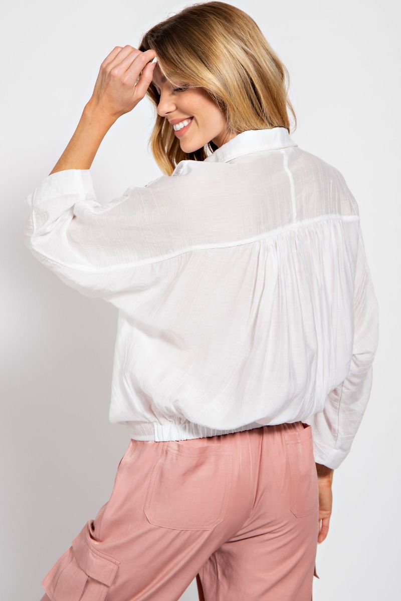 Easel Crinkled Collared Neck 3/4 Wide Sleeves Ruched Button Down Shirt