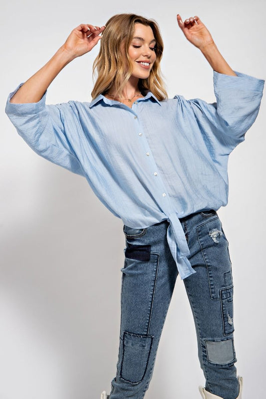 Easel Crinkled Collared Neck 3/4 Wide Sleeves Ruched Button Down Shirt - Roulhac Fashion Boutique
