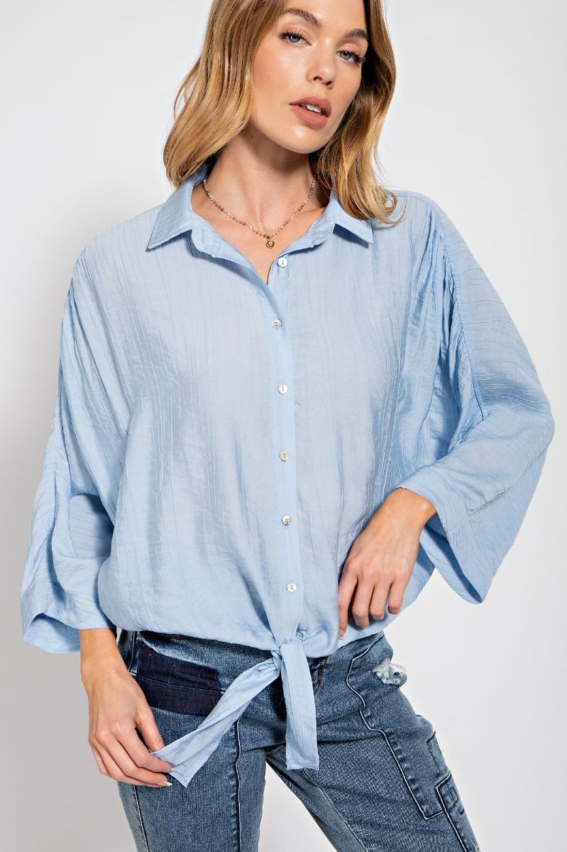 Easel Crinkled Collared Neck 3/4 Wide Sleeves Ruched Button Down Shirt - Roulhac Fashion Boutique
