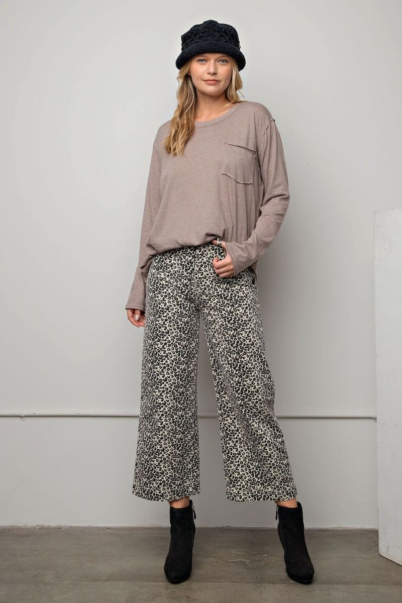 Easel Leopard Printed Corduroy Ankle Length Straight Cut Wide Legs Pants - Roulhac Fashion Boutique