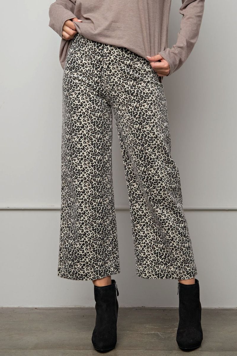 Easel Leopard Printed Corduroy Ankle Length Straight Cut Wide Legs Pants - Roulhac Fashion Boutique