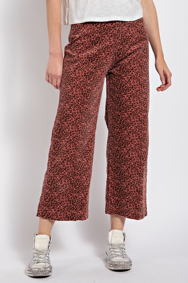 Easel Leopard Printed Corduroy Ankle Length Straight Cut Wide Legs Pants - Roulhac Fashion Boutique