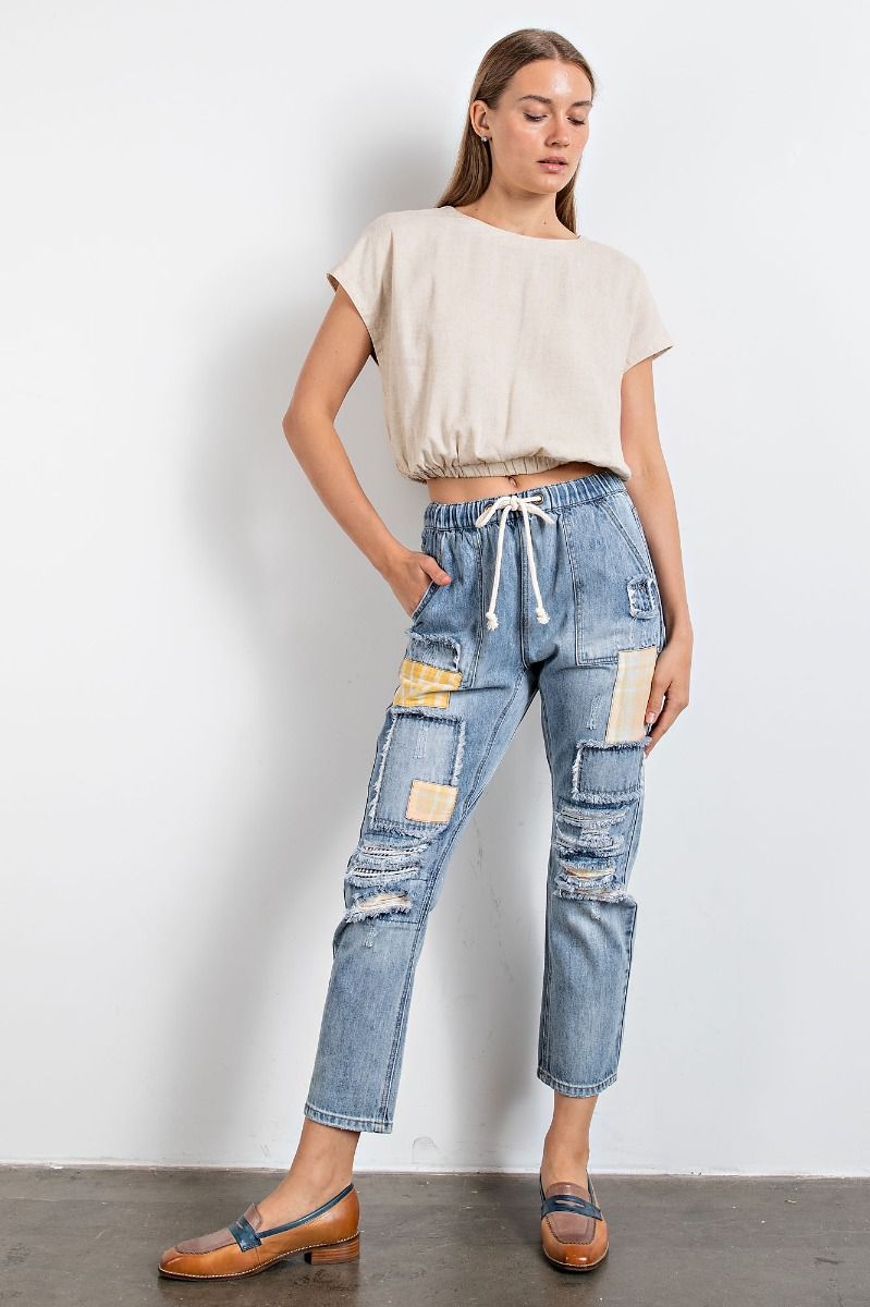 Easel Patchworks Detailing Washed Denim Banded Waist Washed Denim Pants - Roulhac Fashion Boutique