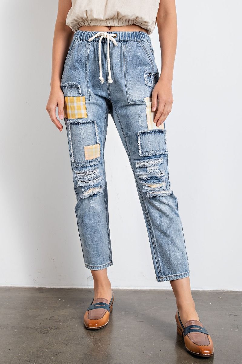 Easel Patchworks Detailing Washed Denim Banded Waist Washed Denim Pants - Roulhac Fashion Boutique