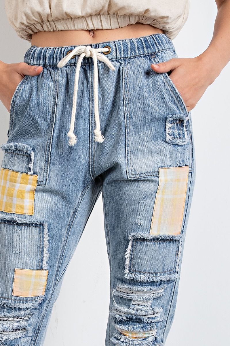 Easel Patchworks Detailing Washed Denim Banded Waist Washed Denim Pants - Roulhac Fashion Boutique