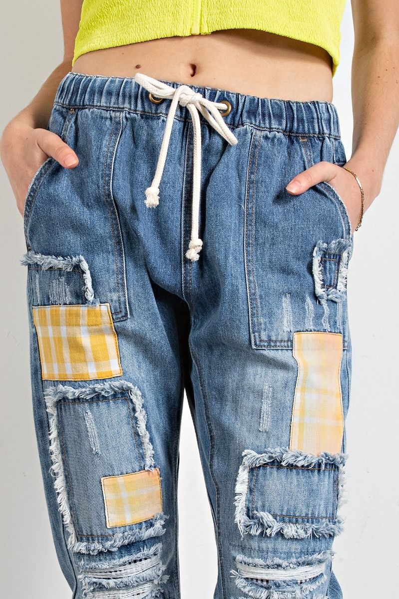 Easel Patchworks Detailing Washed Denim Banded Waist Washed Denim Pants - Roulhac Fashion Boutique