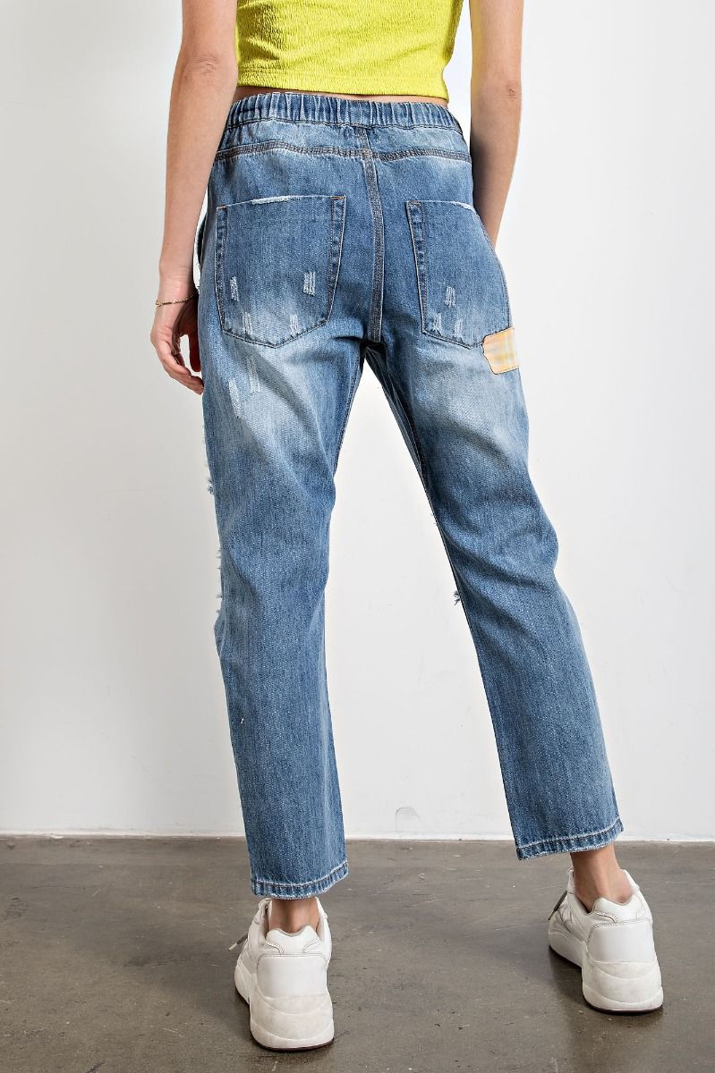 Easel Patchworks Detailing Washed Denim Banded Waist Washed Denim Pants - Roulhac Fashion Boutique