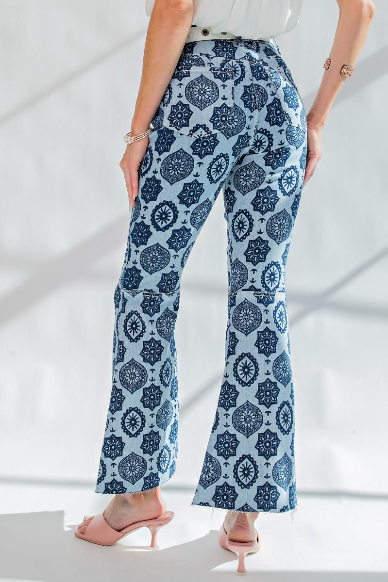 Easel Washed Denim Bell Bottom Spanish Tile Printed Slim Fit Pants - Roulhac Fashion Boutique