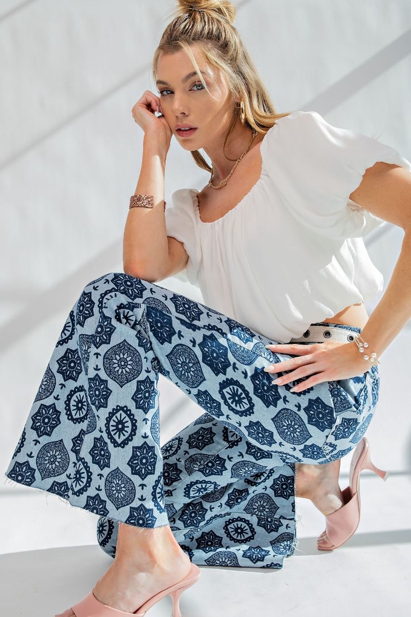 Easel Washed Denim Bell Bottom Spanish Tile Printed Slim Fit Pants - Roulhac Fashion Boutique