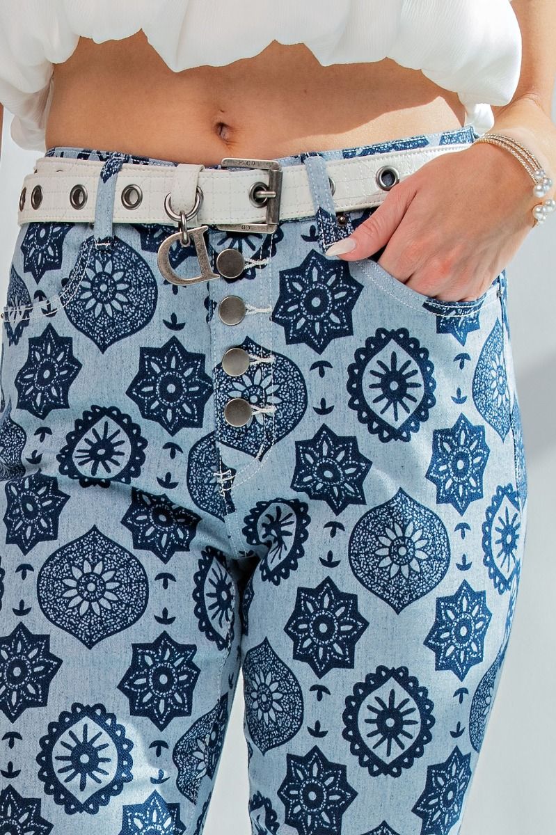 Easel Washed Denim Bell Bottom Spanish Tile Printed Slim Fit Pants - Roulhac Fashion Boutique