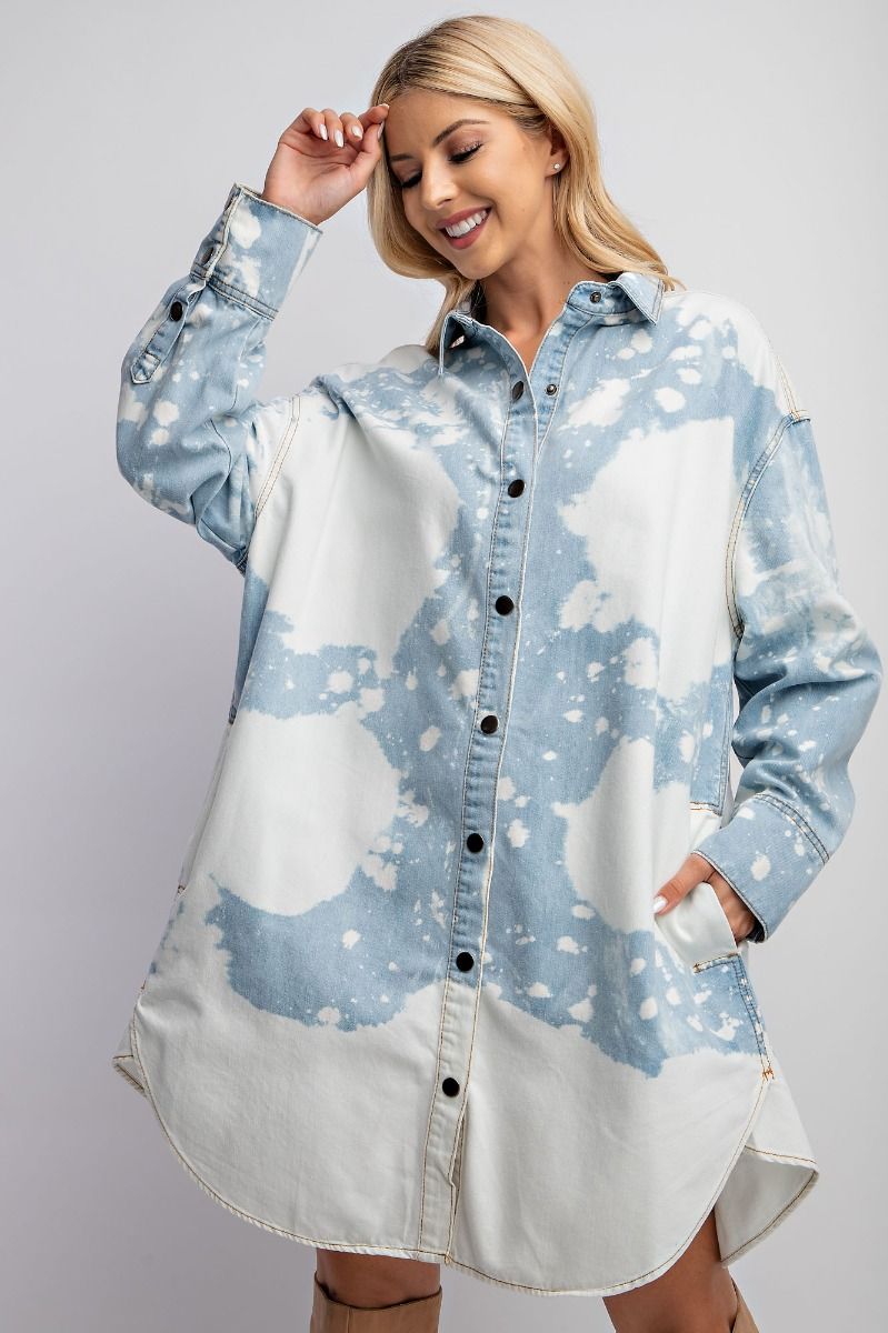 Easel Cloud Long Sleeve Button Down Side Pockets Relaxed Fit Dress - Roulhac Fashion Boutique