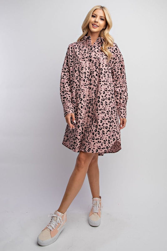 Easel Leopard Animal Printed Collared Neck Button Down Front Shirt Dress - Roulhac Fashion Boutique