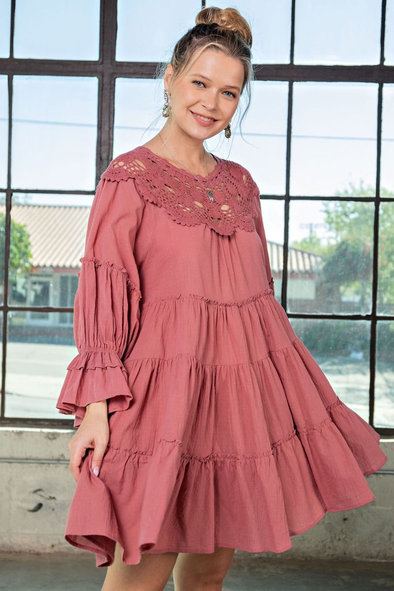 Easel Crochet Lace Cotton Gauze Ruffled Loose Fit Pleated Dress - Roulhac Fashion Boutique