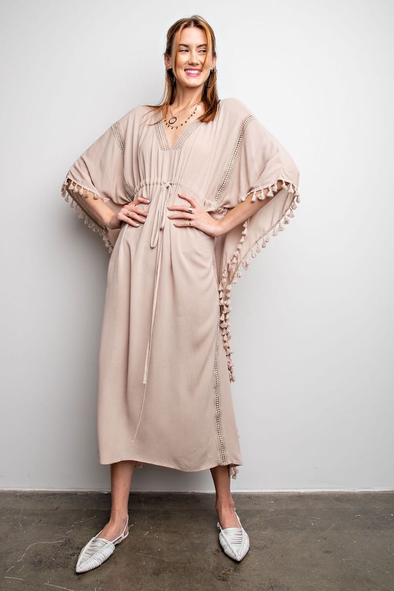 Easel Dolman Sleeves Deep V Neck Loose Fit Rayon Gauze Maxi Dress - Roulhac Fashion Boutique