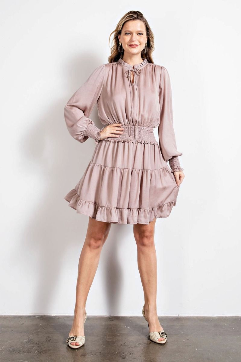 Easel Dull Satin Ruffled Smocked Cuffs Tiered Ruffle Skirt Mini Dress - Roulhac Fashion Boutique