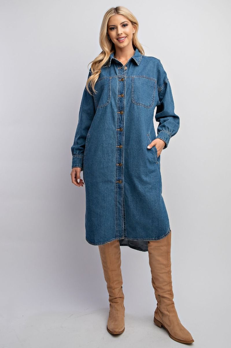 Easel Collared Button Down Washed Chest Patch Pockets Shirt Dress - Roulhac Fashion Boutique