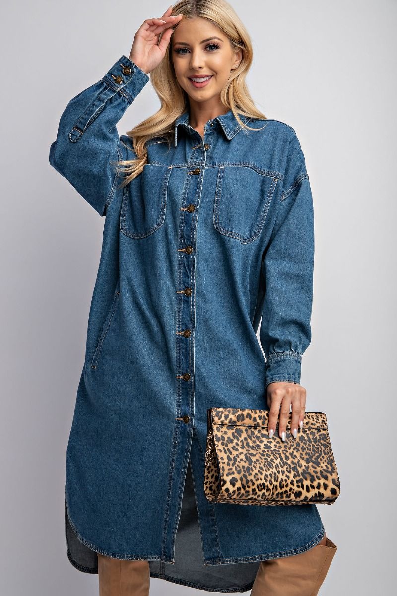 Easel Collared Button Down Washed Chest Patch Pockets Shirt Dress - Roulhac Fashion Boutique