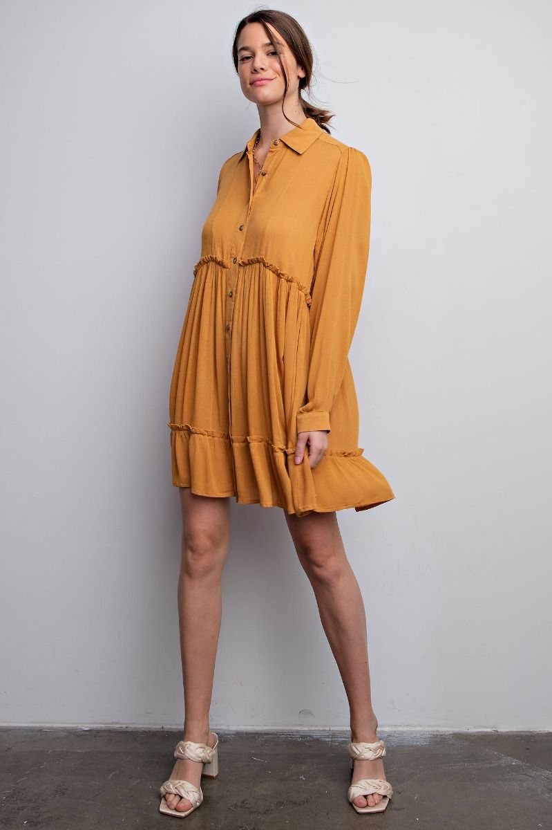 Easel Collared Neck Button Down Shirt Ruffled Bottom Hem Buttoned Dress - Roulhac Fashion Boutique