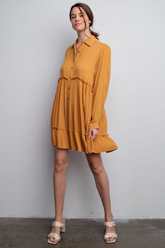 Easel Collared Neck Button Down Shirt Ruffled Bottom Hem Buttoned Dress - Roulhac Fashion Boutique