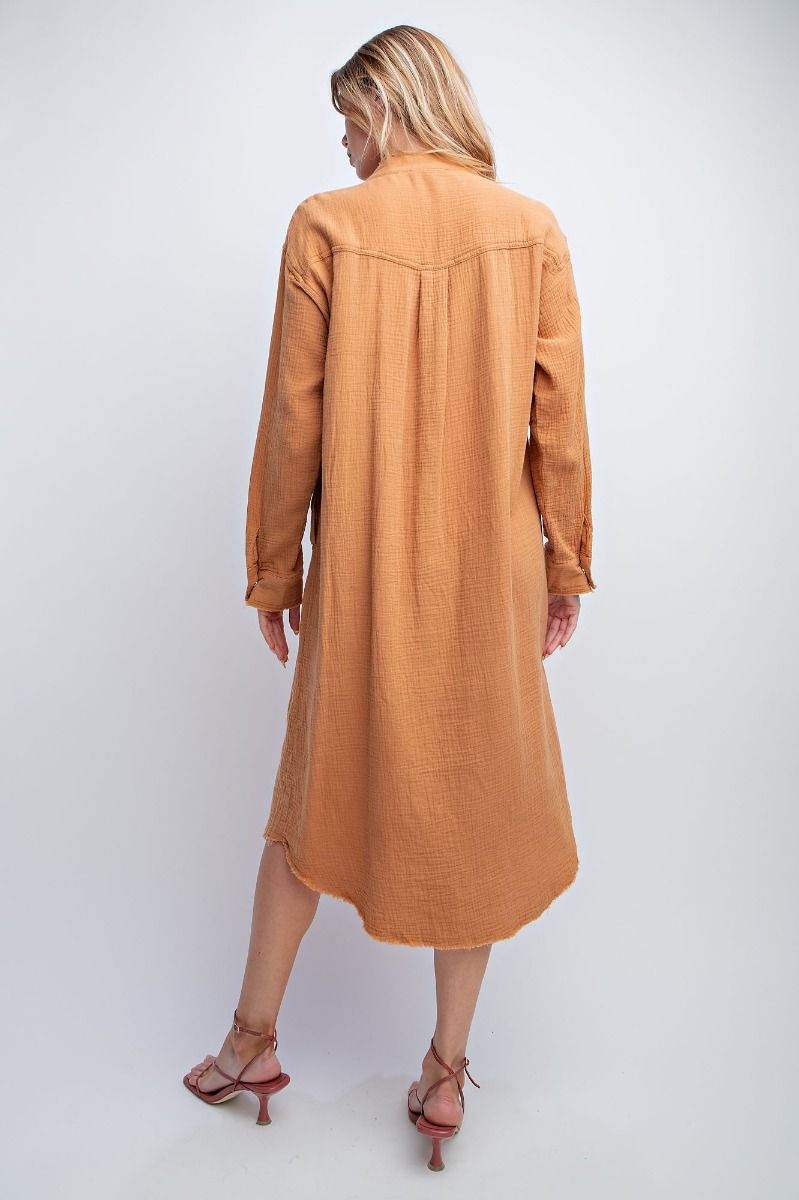 Easel Chest Flap Pocket Cotton Gauze Button Down Front Shirt Slouchy Dress - Roulhac Fashion Boutique