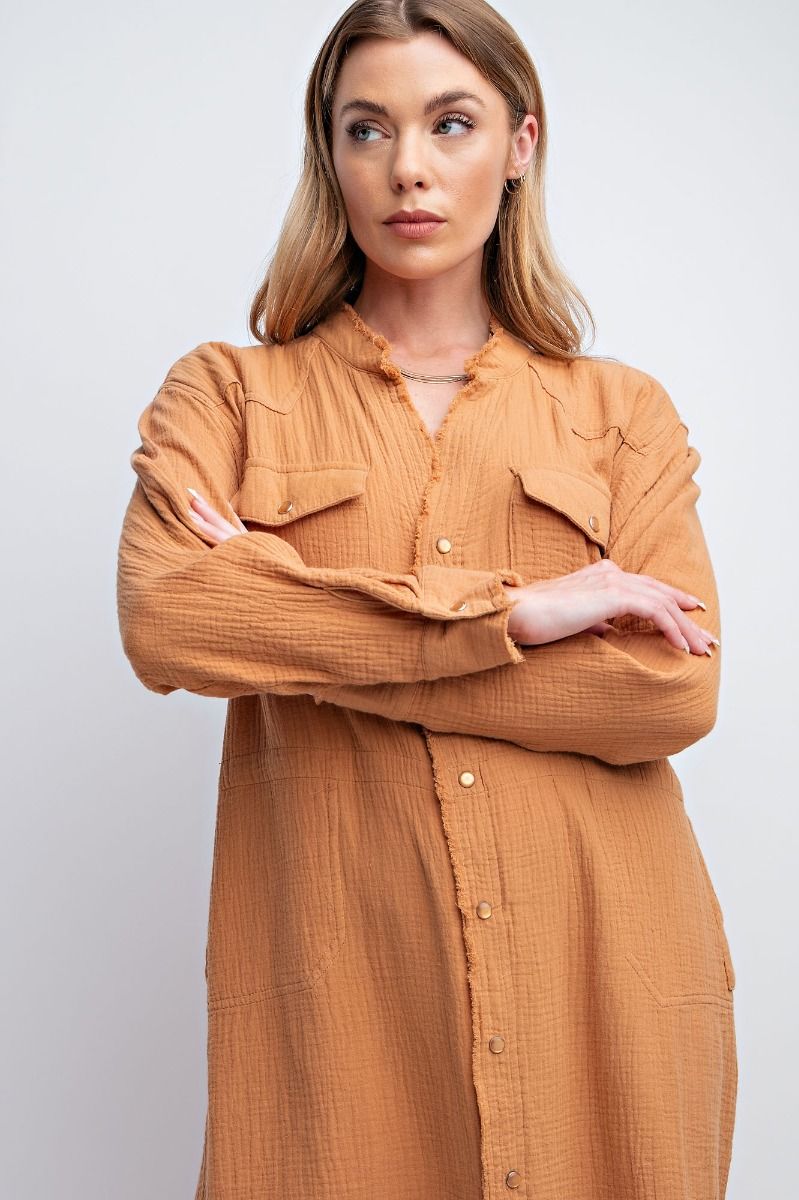Easel Chest Flap Pocket Cotton Gauze Button Down Front Shirt Slouchy Dress - Roulhac Fashion Boutique