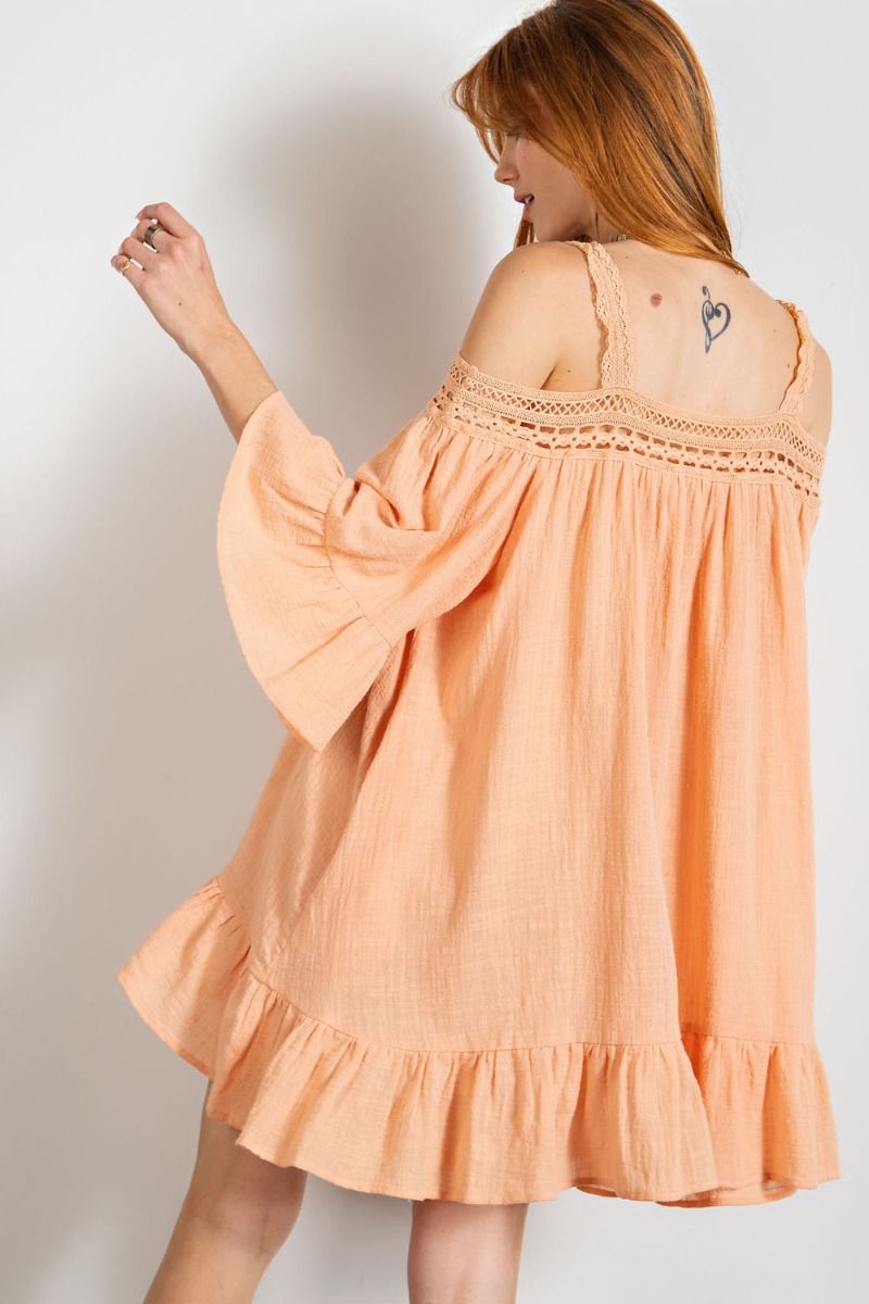 Easel Cotton Gauze Cold Shoulder Neckline Crochet Lace Midi Dress - Roulhac Fashion Boutique