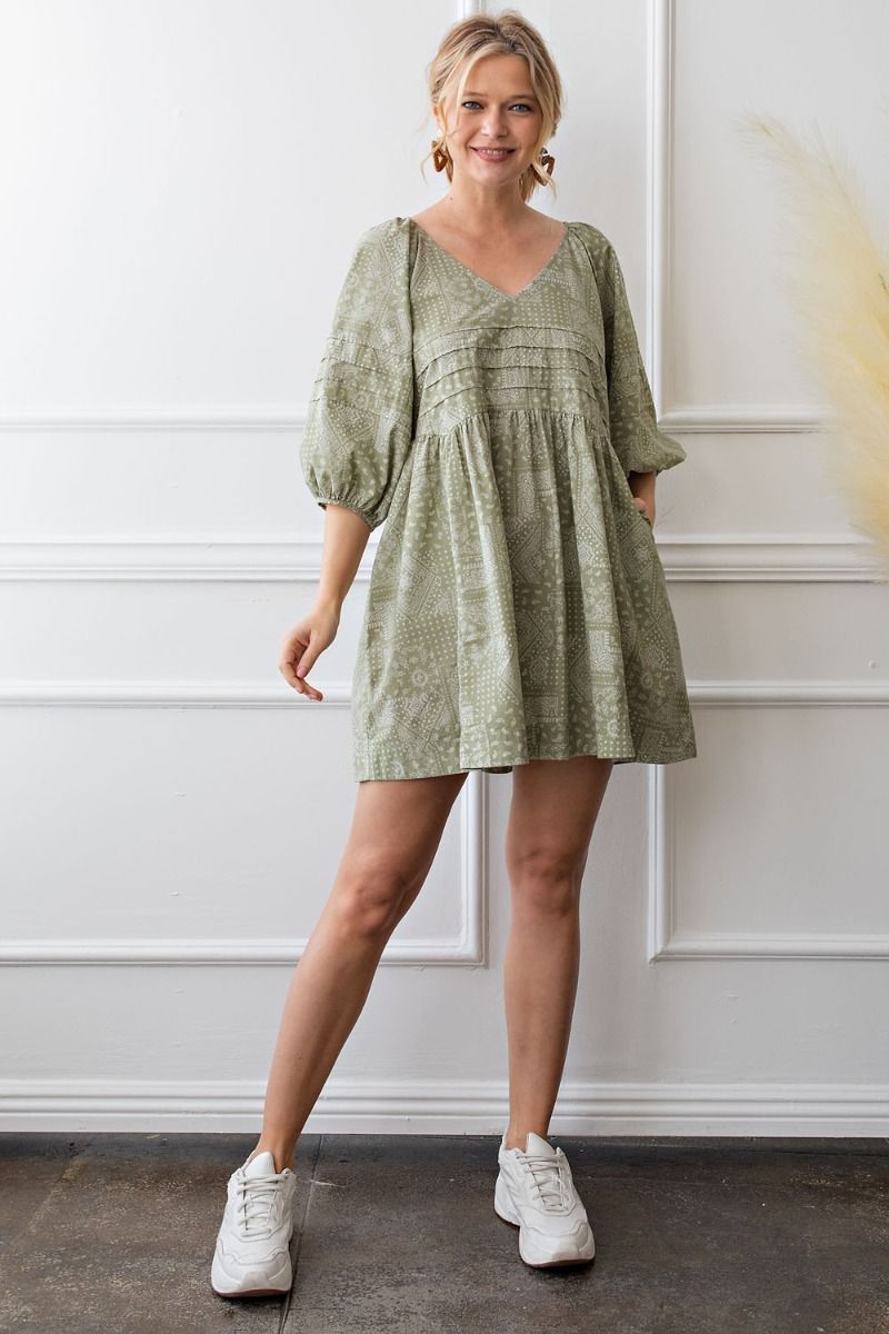 Easel Bandana Printed V Neckline Loose Fit Half Bubble Sleeves Dress - Roulhac Fashion Boutique