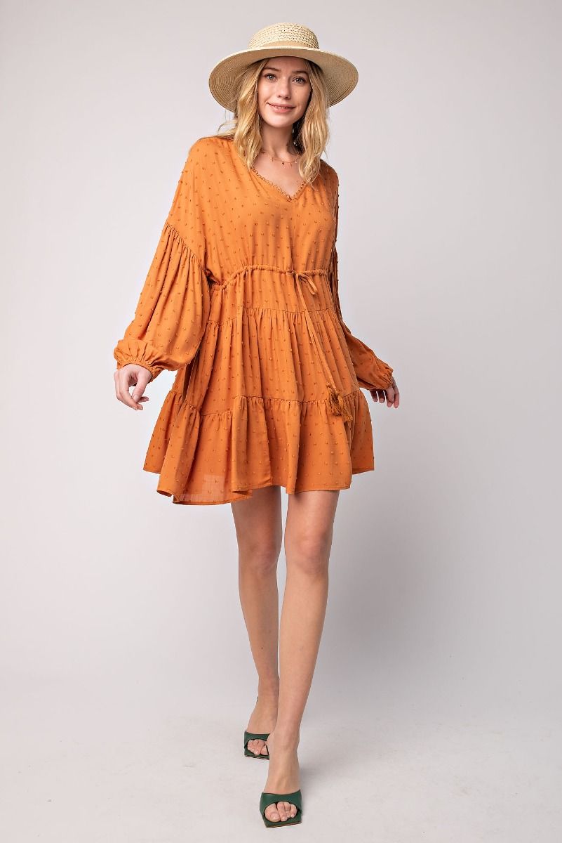 Easel Cinnamon Pompom Challie Swiss Dot V Neck Ruffle Bottom Flowy Dress - Roulhac Fashion Boutique