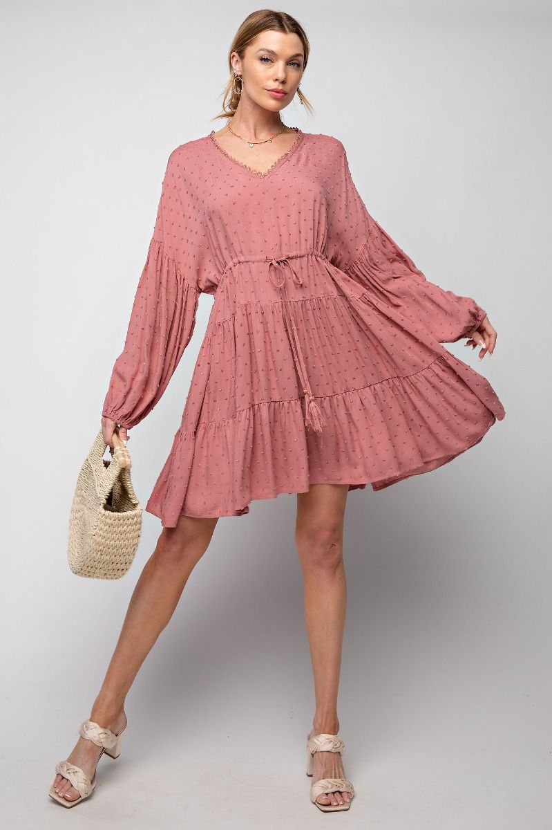 Easel Cinnamon Pompom Challie Swiss Dot V Neck Ruffle Bottom Flowy Dress - Roulhac Fashion Boutique