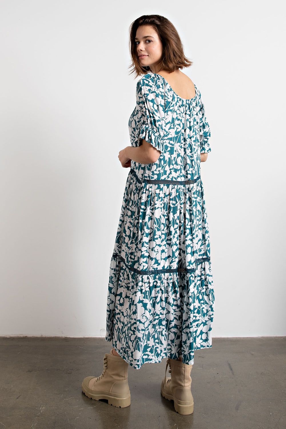 Easel Elasticized Edges U Neckline Crochet Lace Trim Relaxed Ruffled Dress - Roulhac Fashion Boutique