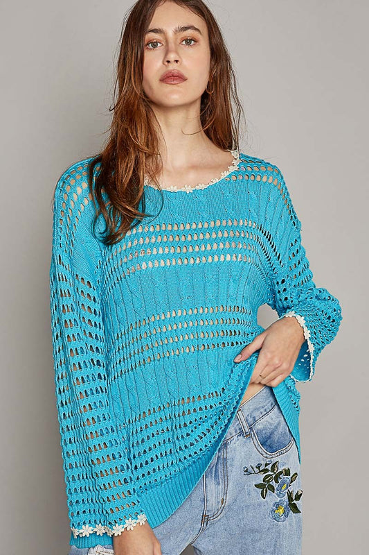 POL Round Neck Long Sleeve Rib Weave Solid Sweater Top
