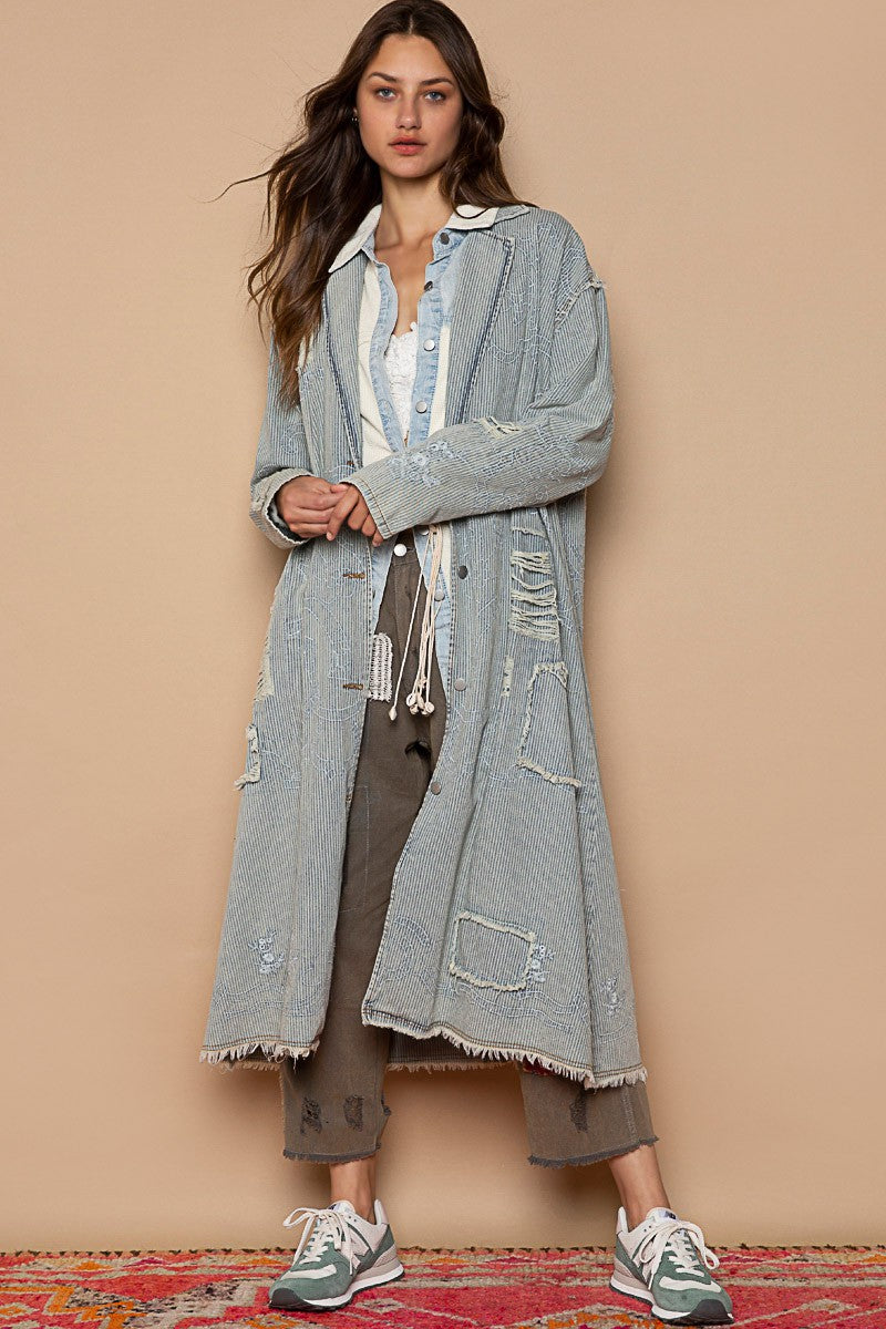 POL Long Sleeve Embroidery Stripe Denim Oversized Fit Long Jacket - Roulhac Fashion Boutique