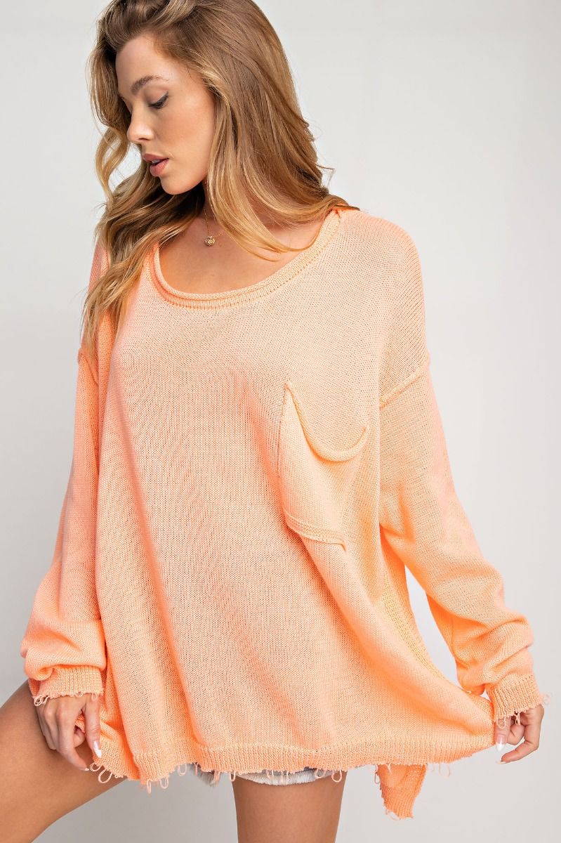 Easel Plus Lightweight Long Sleeve Chest Pocket Semi Sheer Sweater