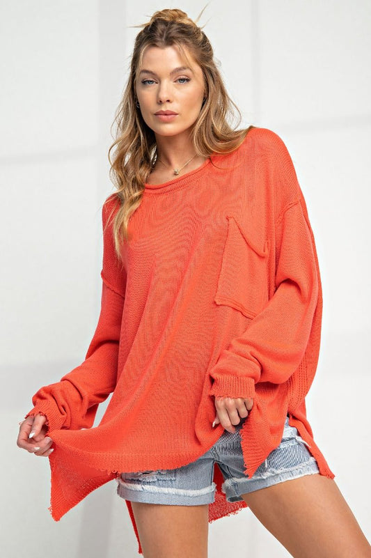 Easel Plus Lightweight Long Sleeve Chest Pocket Semi Sheer Sweater - Roulhac Fashion Boutique