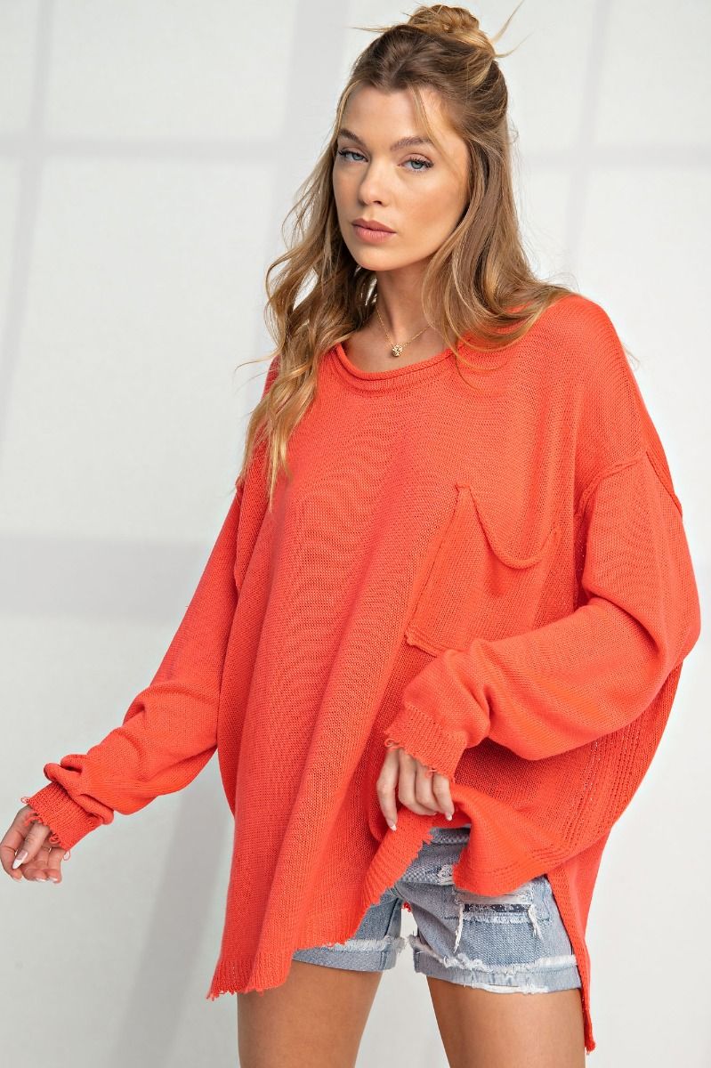 Easel Plus Lightweight Long Sleeve Chest Pocket Semi Sheer Sweater - Roulhac Fashion Boutique