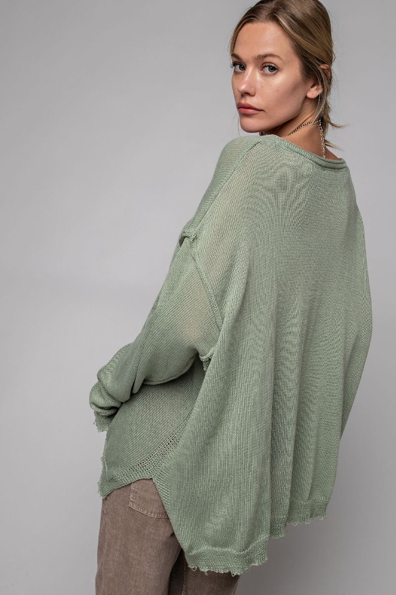 Easel Plus Lightweight Long Sleeve Chest Pocket Semi Sheer Sweater