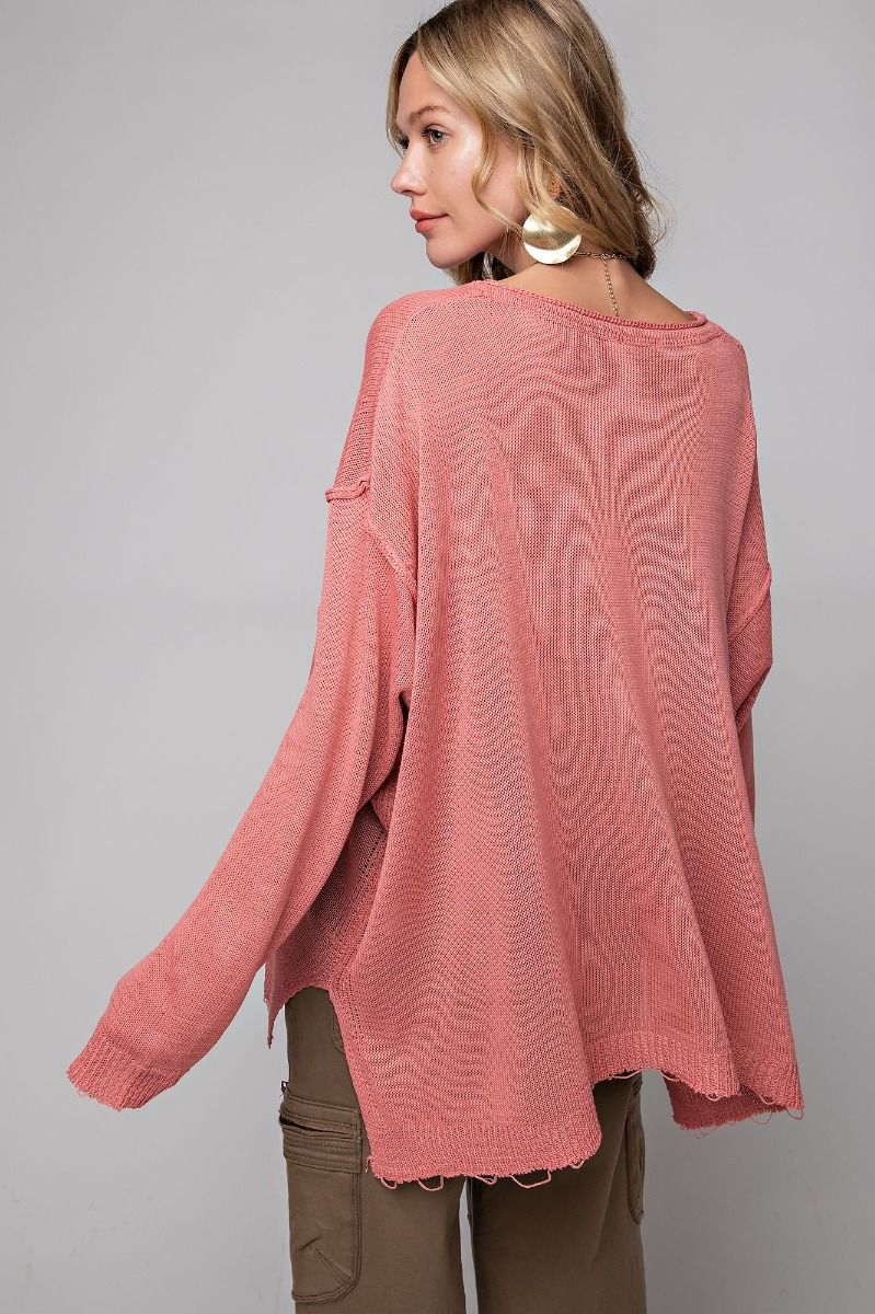 Easel Plus Lightweight Long Sleeve Chest Pocket Semi Sheer Sweater