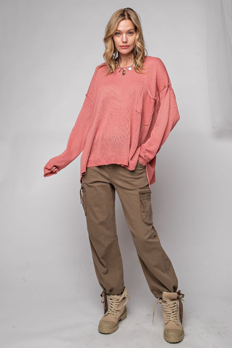 Easel Plus Lightweight Long Sleeve Chest Pocket Semi Sheer Sweater