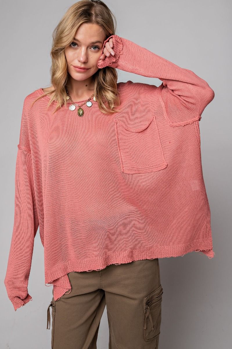 Easel Plus Lightweight Long Sleeve Chest Pocket Semi Sheer Sweater