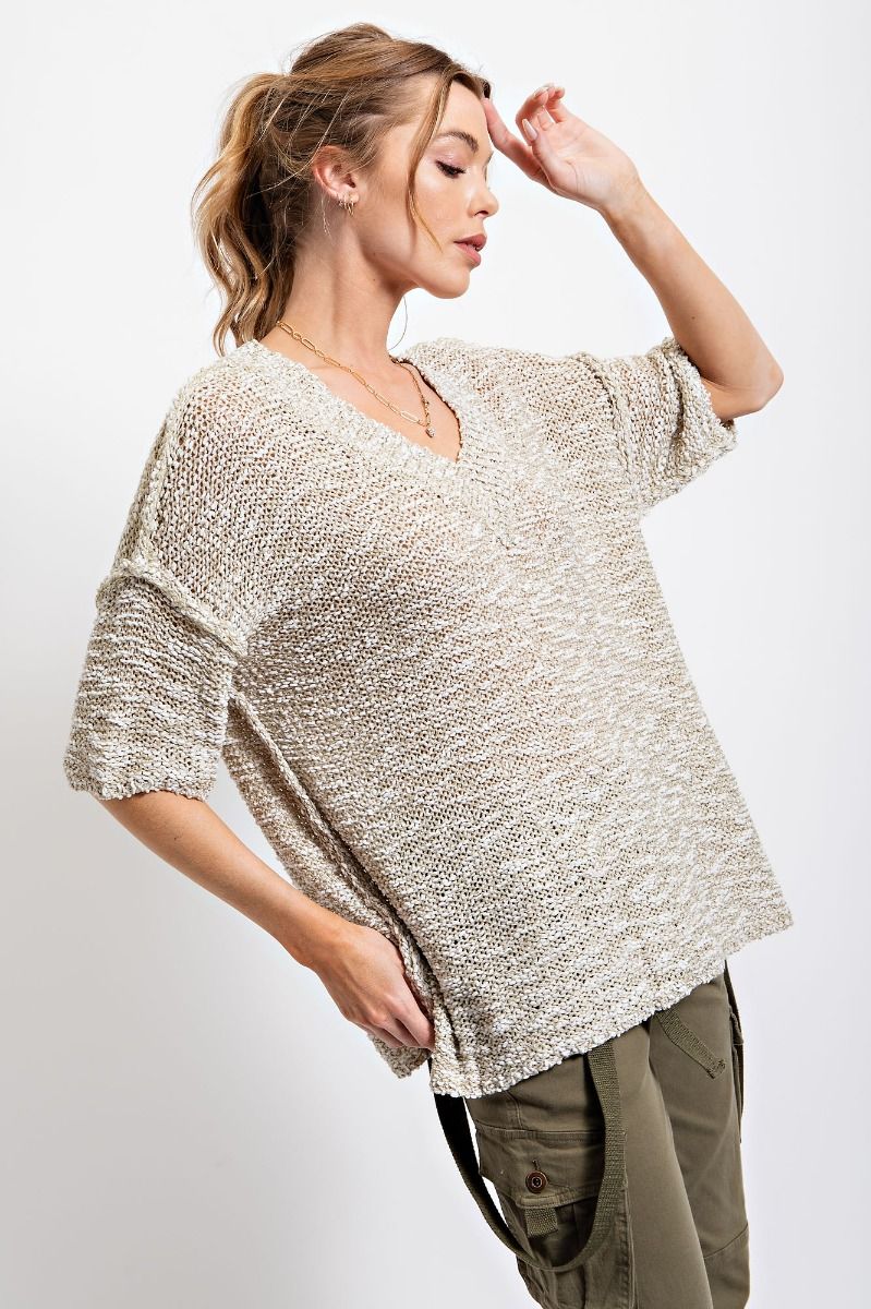 Easel Plus Perfect Textured V Neck Relaxed Fit Short Sleeves Sweater - Roulhac Fashion Boutique